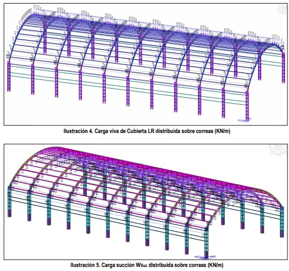 Diseño estructural de una cubierta metálica para un espacio exterior, con vigas y soportes en acero