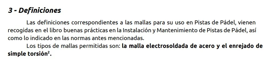 Texto explicativo sobre mallas electrosoldadas de acero para uso en canchas de pádel