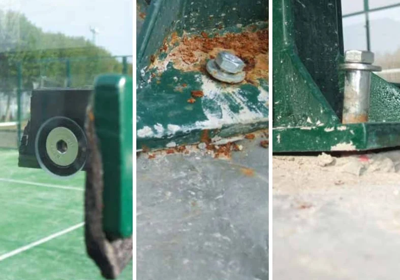 Inspección de estructuras metálicas en cancha de pádel, mostrando detalles de corrosión y fijaciones en exterior
