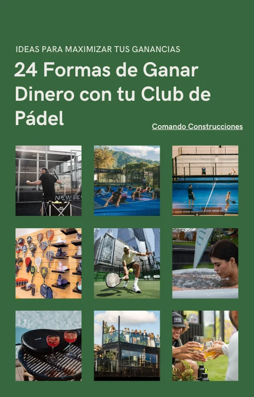 Collage de canchas de pádel y accesorios para clubes, con elementos en metal y vidrio, en exteriores y ambientes recreativos