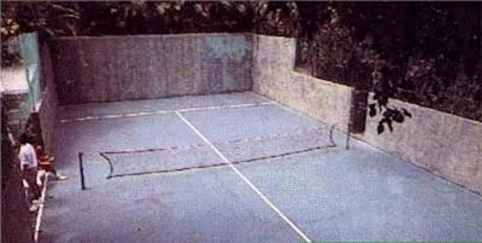 Cancha de pádel exterior con paredes de concreto y red en el centro, rodeada de vegetación