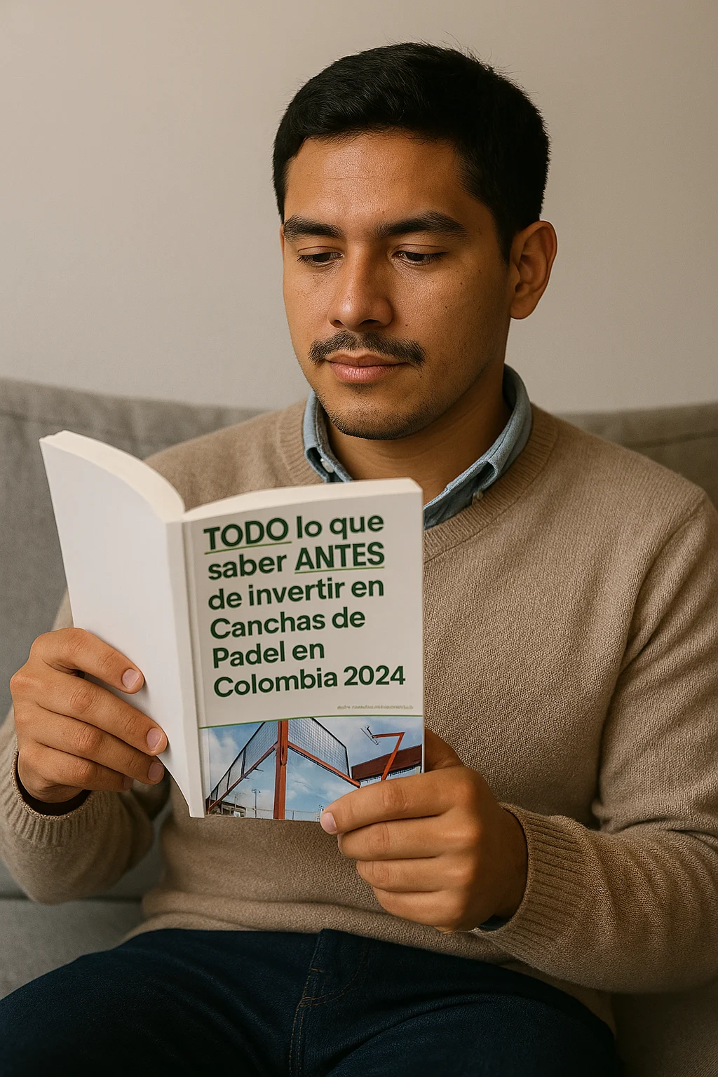Hombre leyendo un libro sobre canchas de pádel en Colombia, sentado en un sofá en un ambiente interior