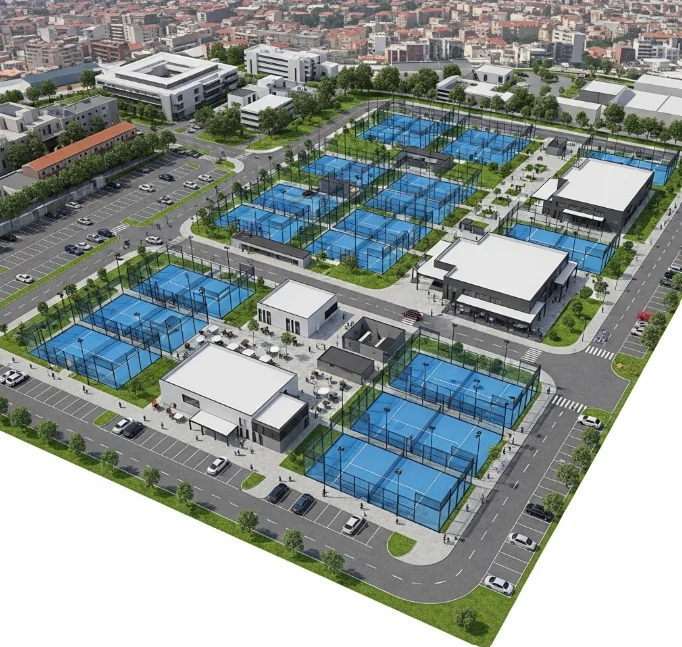 Diseño de canchas de pádel exteriores con estructuras de metal y áreas recreativas en un complejo deportivo
