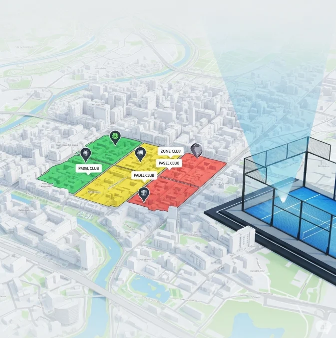 Mapa de ubicación con canchas de pádel y áreas designadas para clubes en un entorno urbano exterior