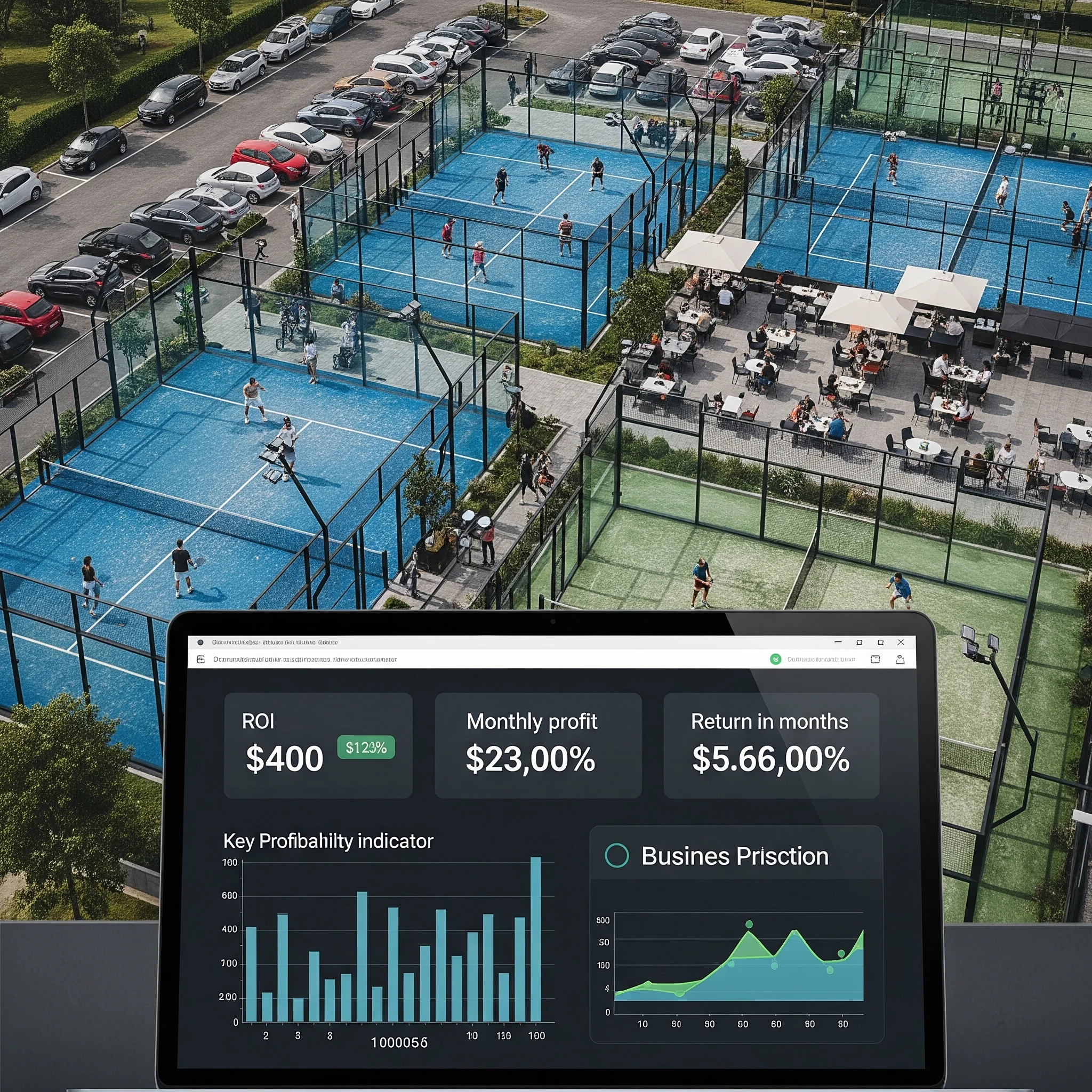 Canchas de pádel exteriores con superficie azul y área de descanso, junto a una calculadora de rentabilidad en pantalla