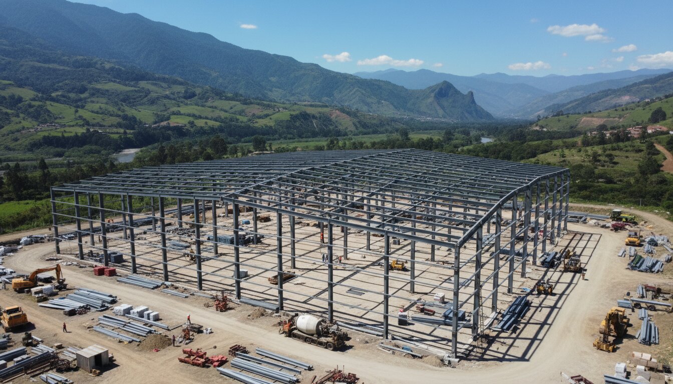 Estructura metálica de nave industrial en construcción en Colombia