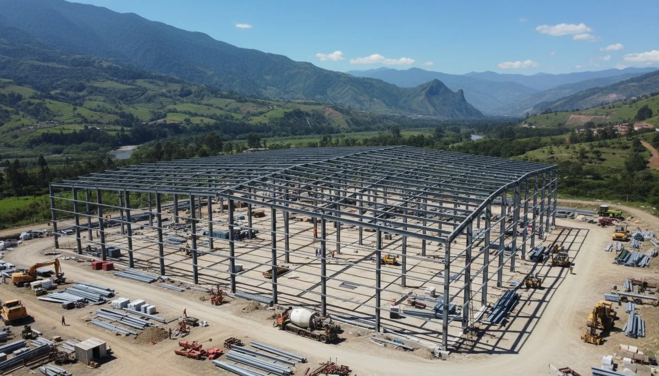 Estructura metálica de nave industrial en construcción en Colombia